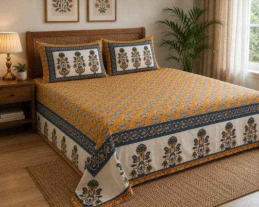 Mustard Blue Floral Border Cotton King Size Bedsheet Set with 2 Pillow Covers | 100% Cotton | 225x275 cm | ChapaSSyahii - Bedsheet Set - ChapaSsyahii