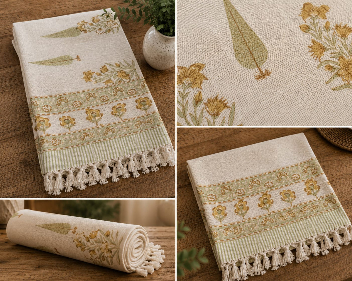 Mustard Botanical Floral Hand Block Jute Table Runner - Table Runner - ChapaSsyahii