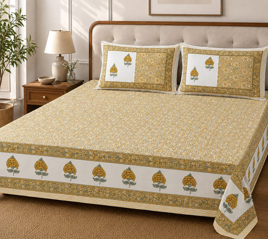 Mustard Floral Garden Cotton King Size Bedsheet – Handblock Inspired Print | Premium Bedding - Bedsheet Set - ChapaSsyahii