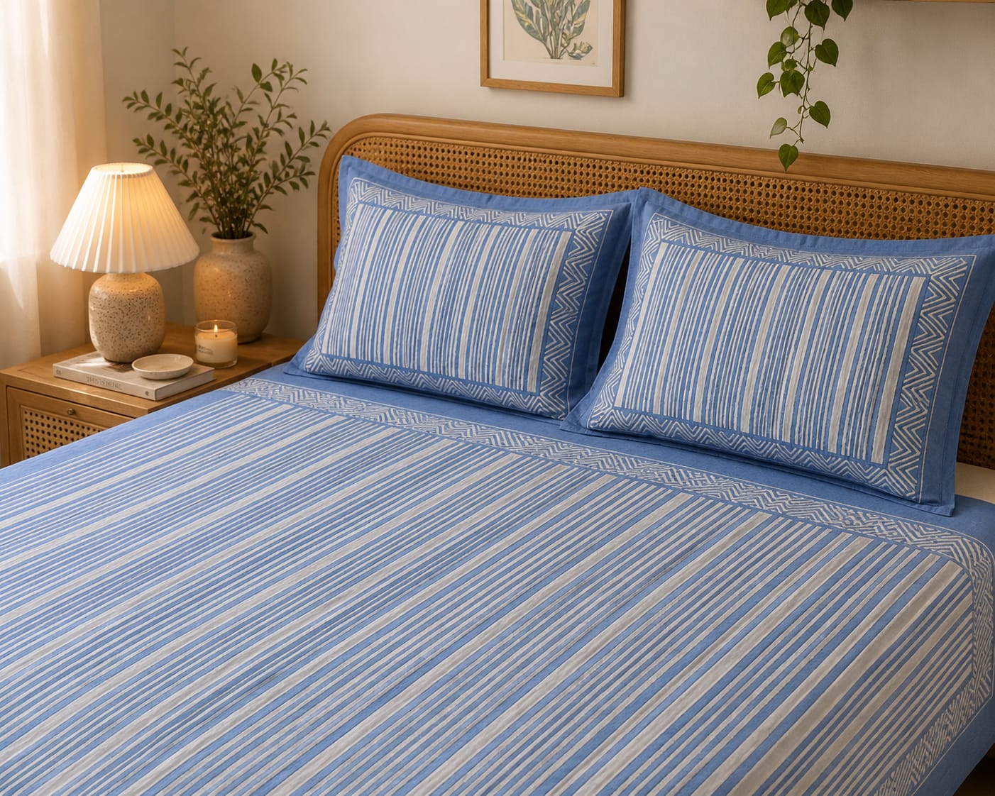 Neel Rekha Handblock Stripe King Size Bedsheet - Bedsheet Set - ChapaSsyahii