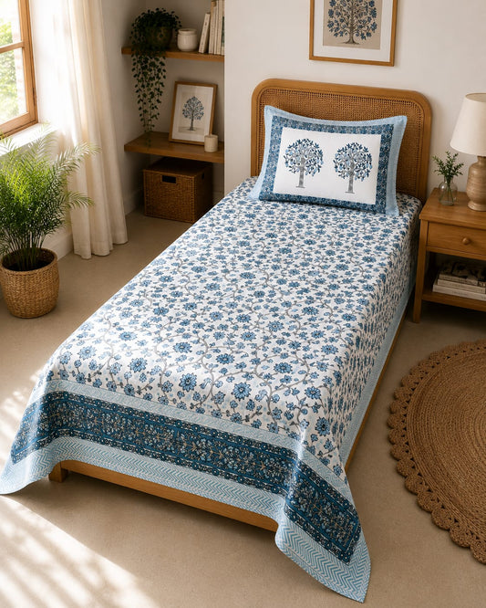 Neel Vriksha Kalamkari Single Bedsheet – 100% Cotton | 240 TC - Single Bedsheet - ChapaSsyahii