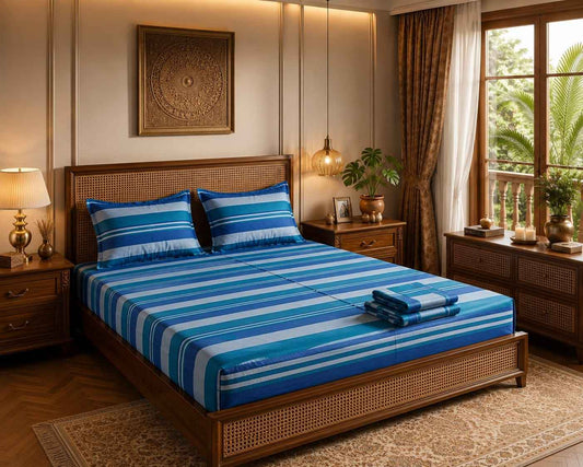 Ocean Blue & Teal Multistripe Premium Handloom Bedsheet Set - Bedsheet Set - ChapaSsyahii