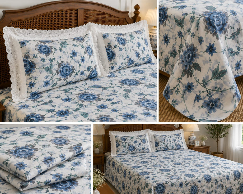 Oxford Blue Chintz - Cotton King Size Bedsheet - ChapaSSyahii - King Size Bedsheet - ChapaSsyahii