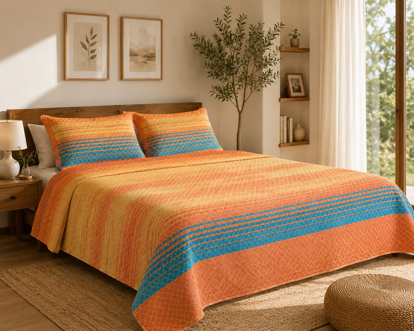 Peach & Blue Multistripe Handloom Bedsheet Set - Bedsheet Set - ChapaSsyahii