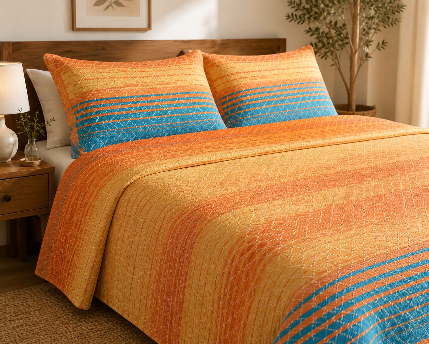 Peach & Blue Multistripe Handloom Bedsheet Set - Bedsheet Set - ChapaSsyahii