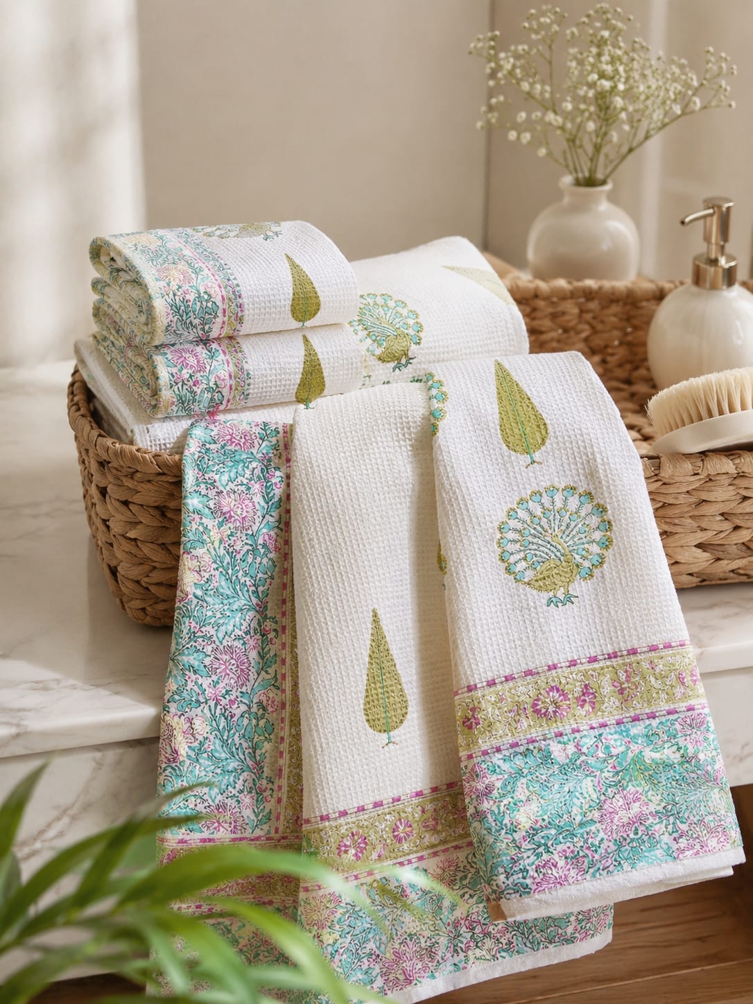 Peacock Bloom Waffle Towel - Bath Towels - ChapaSsyahii