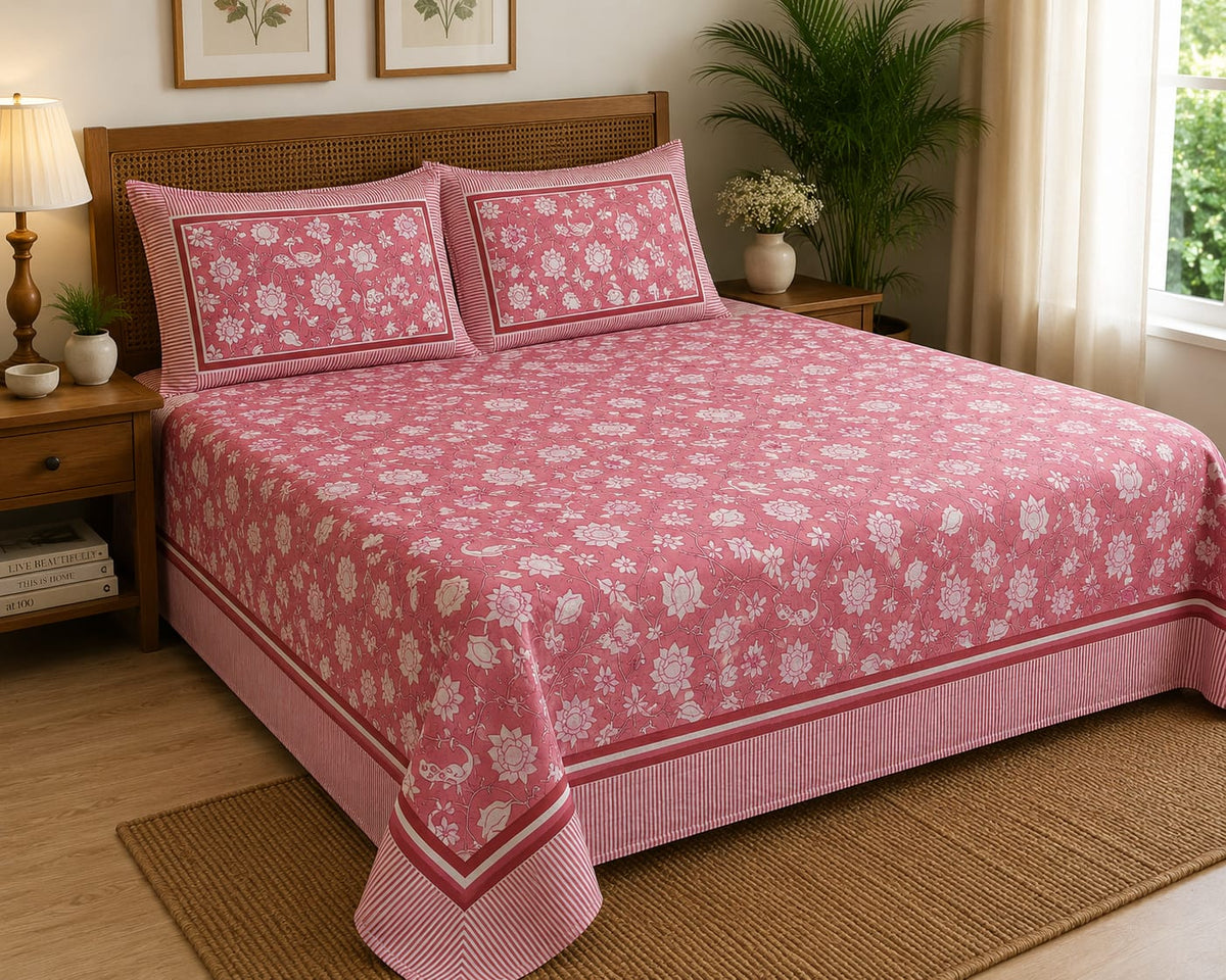 Pink Floral Cotton King Size Bedsheet Set with 2 Pillow Covers | 100% Cotton | 225x275 cm | ChapaSSyahii - Bedsheet Set - ChapaSsyahii