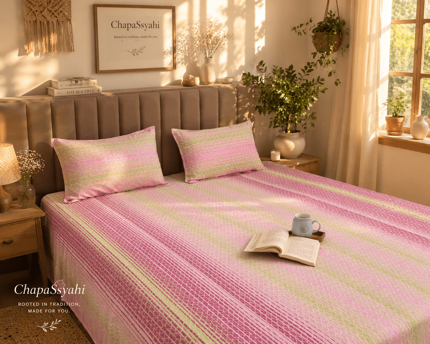 Pink & Lime Stripe Handloom Bedsheet Set - Bedsheet Set - ChapaSsyahii