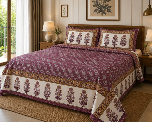 Plum Purple Floral Border Cotton King Size Bedsheet Set with 2 Pillow Covers | 100% Cotton | 225x275 cm | ChapaSSyahii - Bedsheet Set - ChapaSsyahii