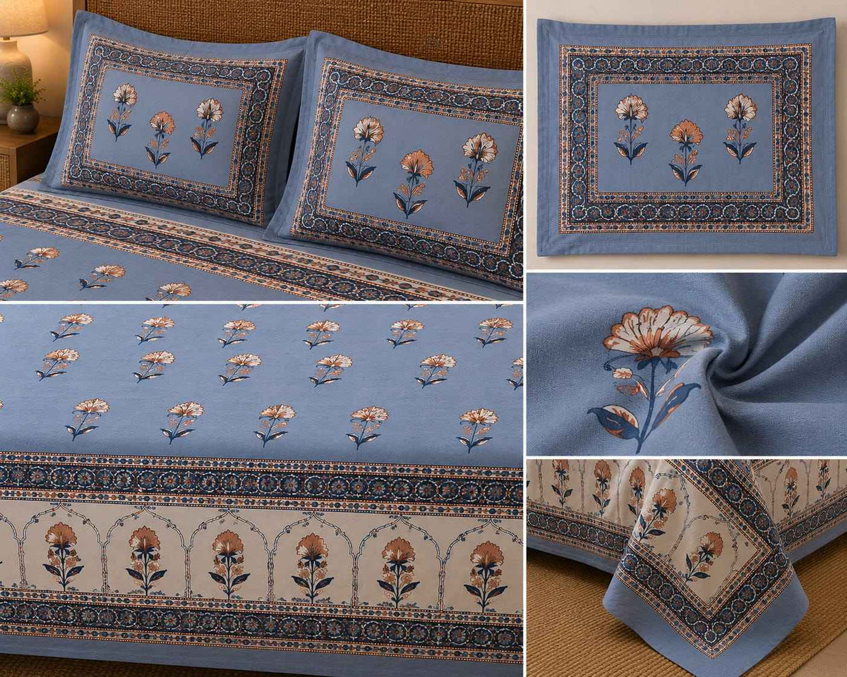 Powder Blue Mughal Bloom – Powder Blue, Beige & Dusty Peach - Bedsheets - ChapaSsyahii