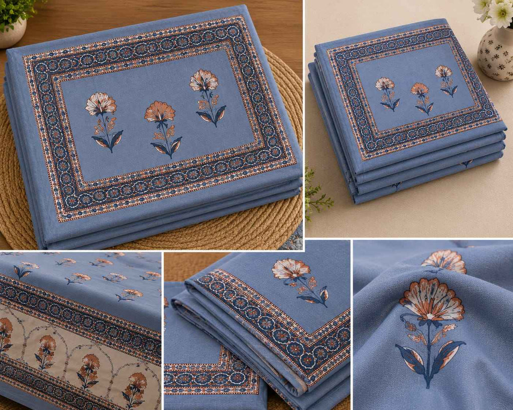Powder Blue Mughal Bloom – Powder Blue, Beige & Dusty Peach - Bedsheets - ChapaSsyahii