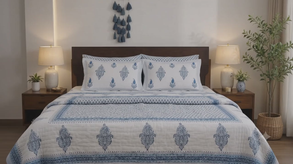 Royal Paisley Blue Pure Handblock Quilt & Bedsheet Combo – 108×108