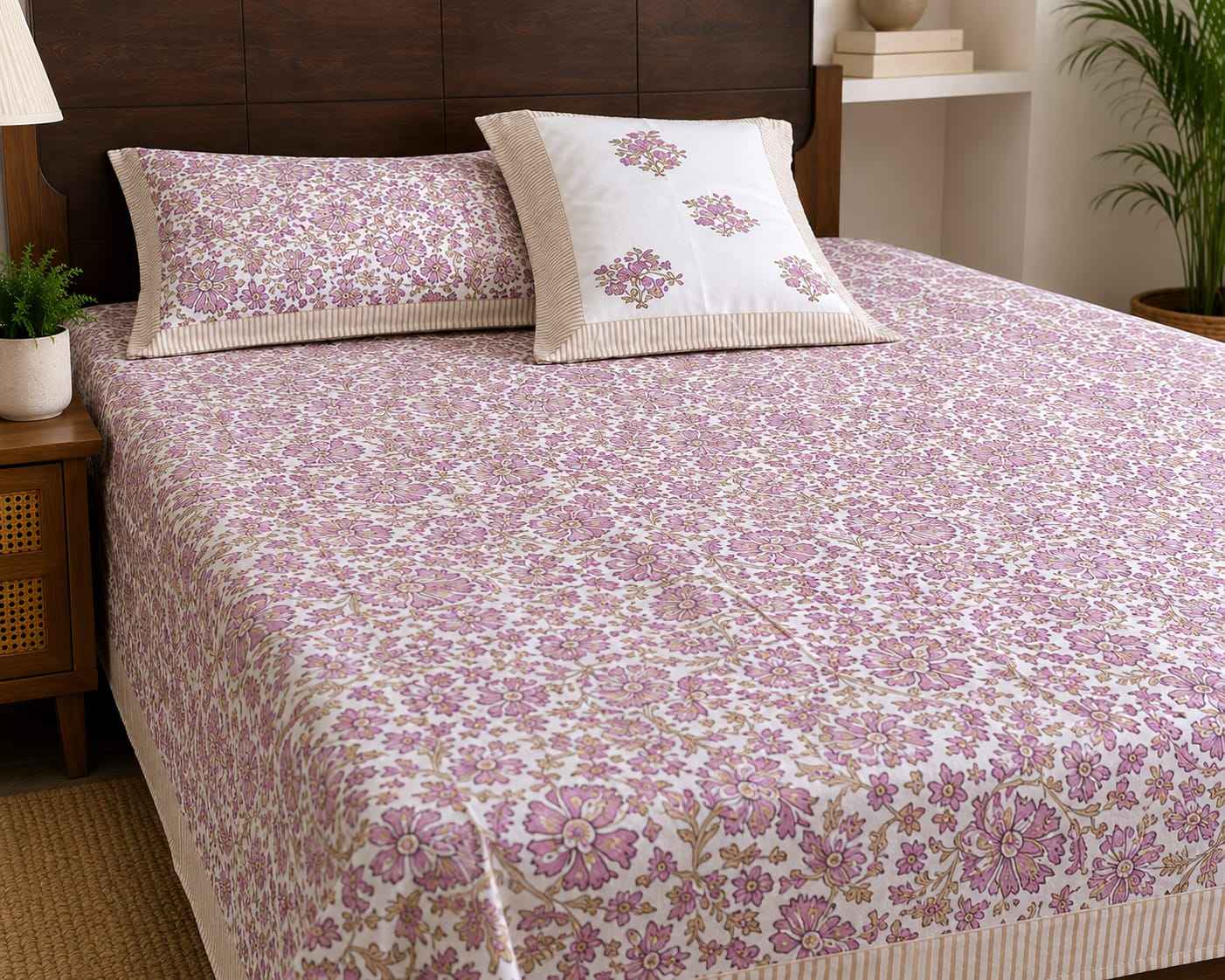 Pure Handblock Cotton Bedsheet – Blush Meadow Floral - Bedsheet - ChapaSsyahii