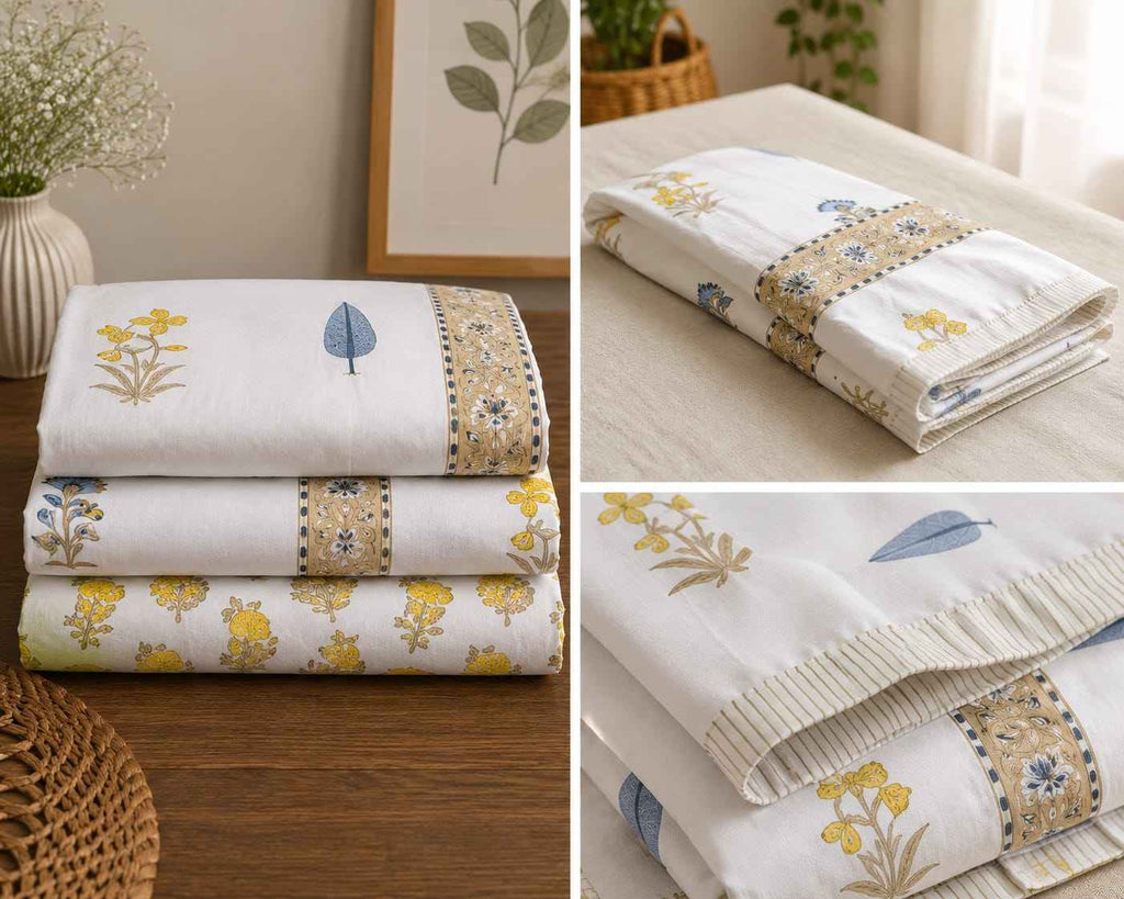 Pure Handblock Cotton Bedsheet – Ivory Bloom Trail - Bedsheet - ChapaSsyahii