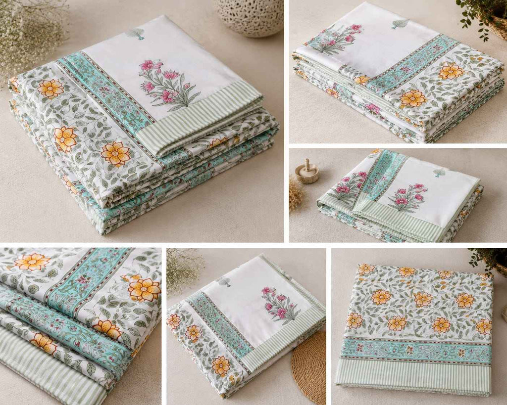 Pure Handblock Cotton Bedsheet – Mint Floral Border - Bedsheet - ChapaSsyahii