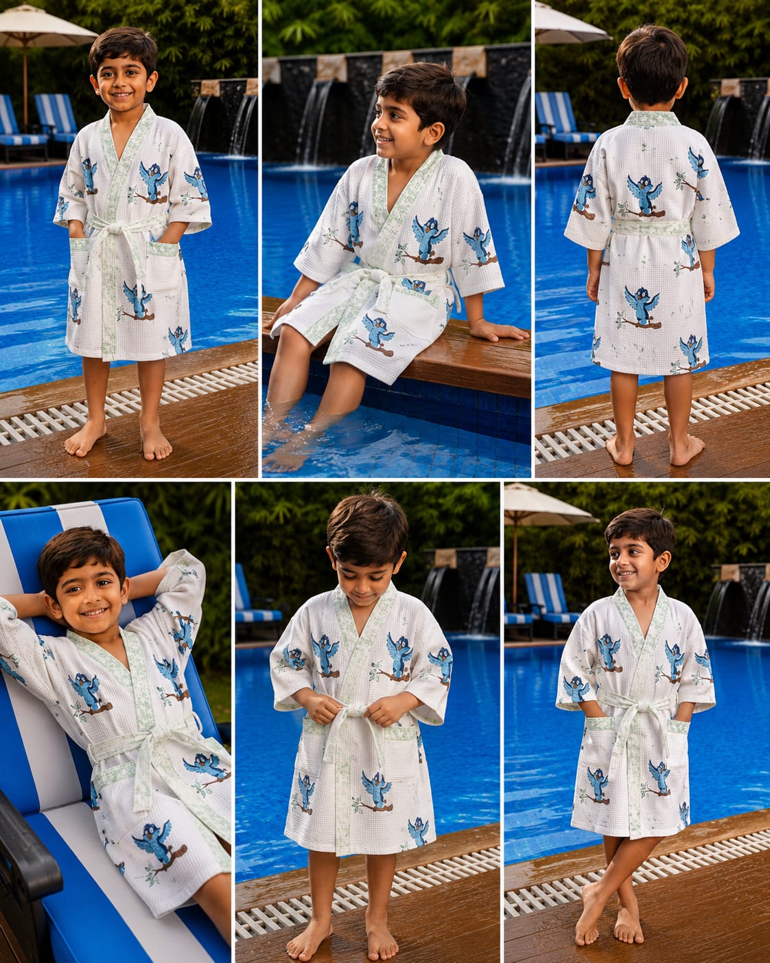 Kids Blue Bird Cotton Waffle Bathrobe