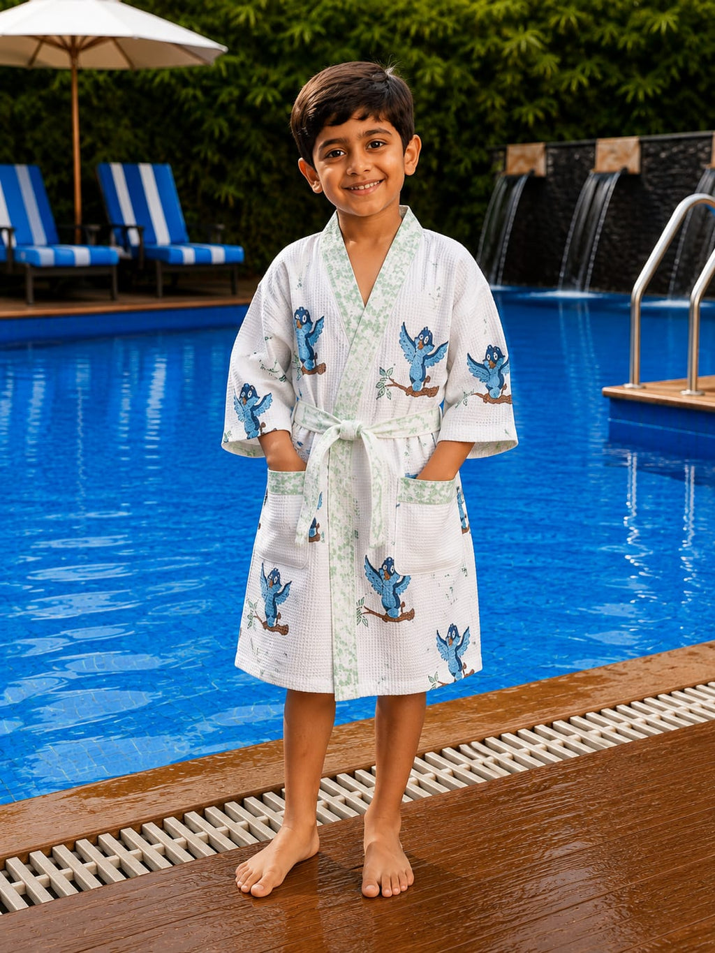 Kids Blue Bird Cotton Waffle Bathrobe
