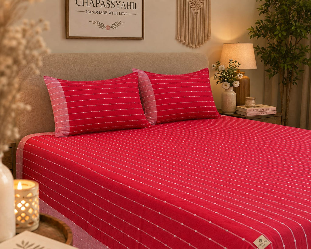 Crimson Red Dot-Stripe Handloom Bedsheet Set - Bedsheet Set - ChapaSsyahii