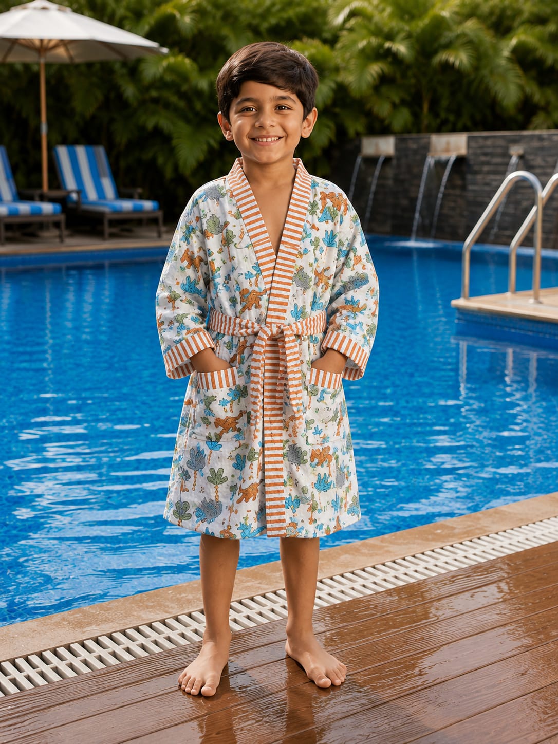 Kids Jungle Safari Print Cotton Waffle Bathrobe (Orange)