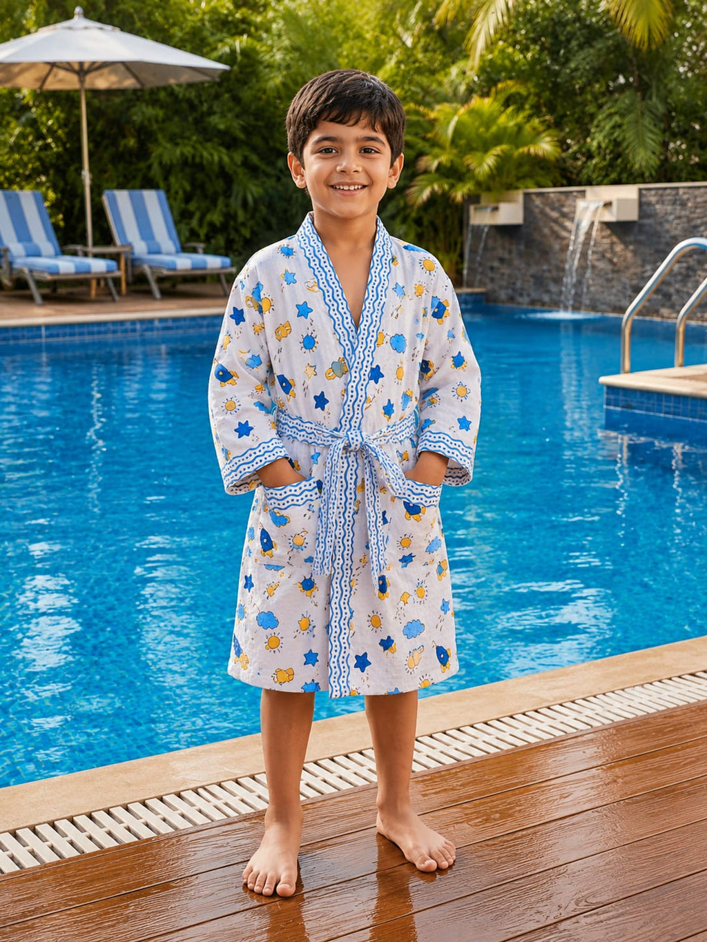 Kids Sunshine Sky Print Cotton Waffle Bathrobe