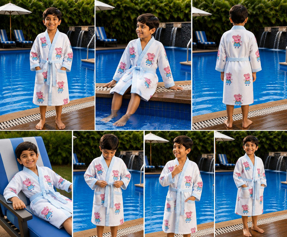 Kids Pink Piggy Cotton Waffle Bathrobe