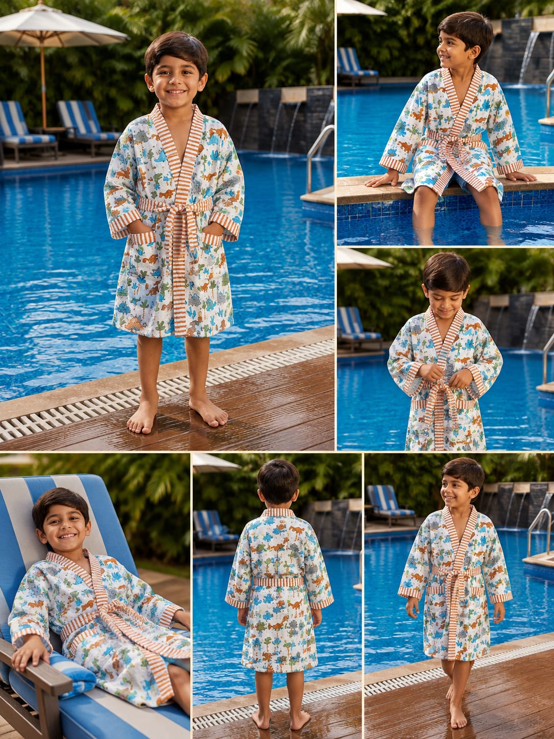Kids Jungle Safari Print Cotton Waffle Bathrobe (Orange)