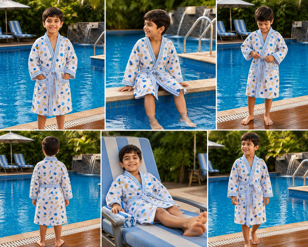 Kids Sunshine Sky Print Cotton Waffle Bathrobe