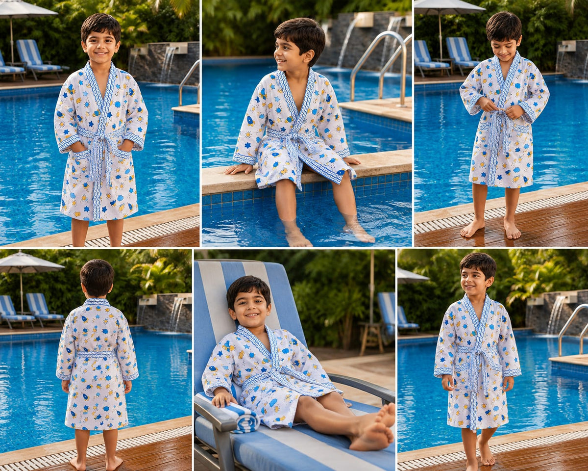 Kids Sunshine Sky Print Cotton Waffle Bathrobe