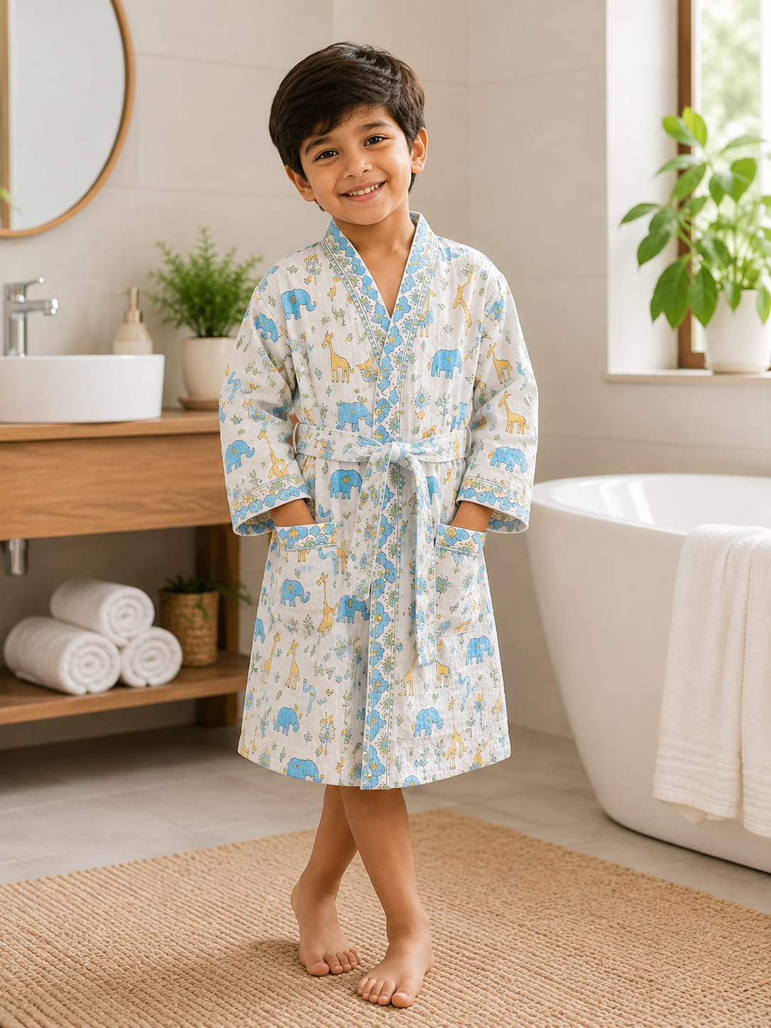 Kids Safari Explorer Cotton Waffle Bathrobe (Blue)