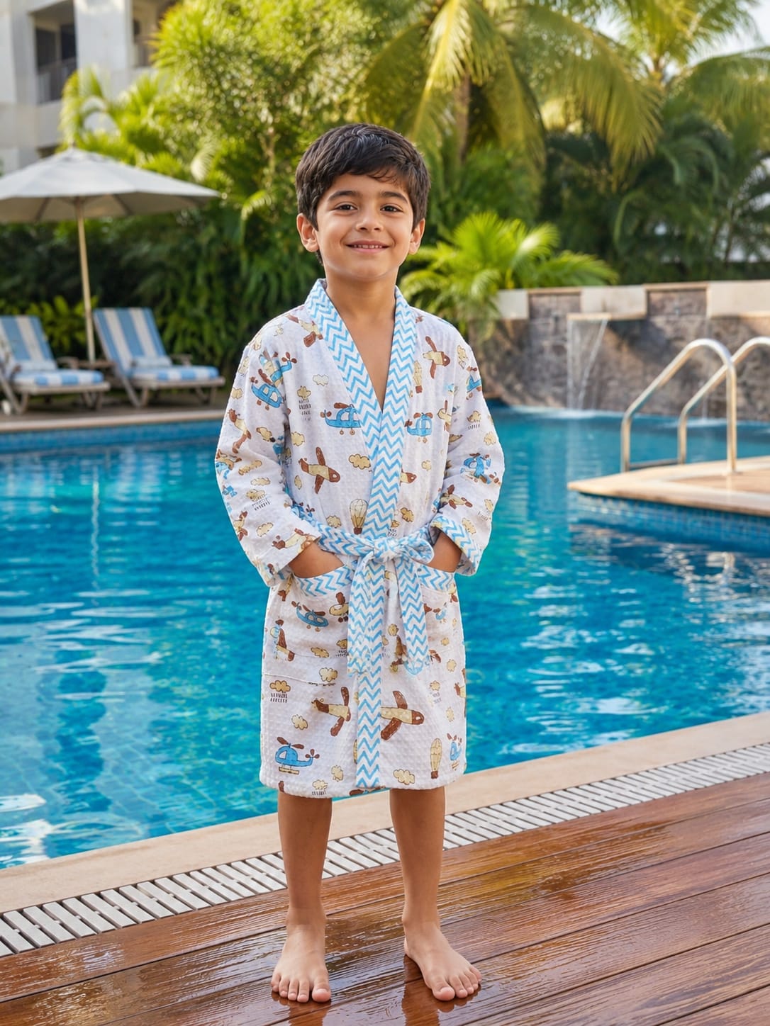 Kids Airplane & Helicopter Cotton Waffle Bathrobe