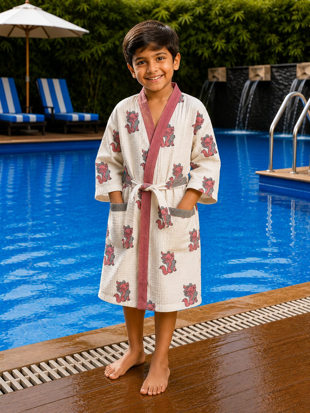Kids Pink Dragon Cotton Waffle Bathrobe