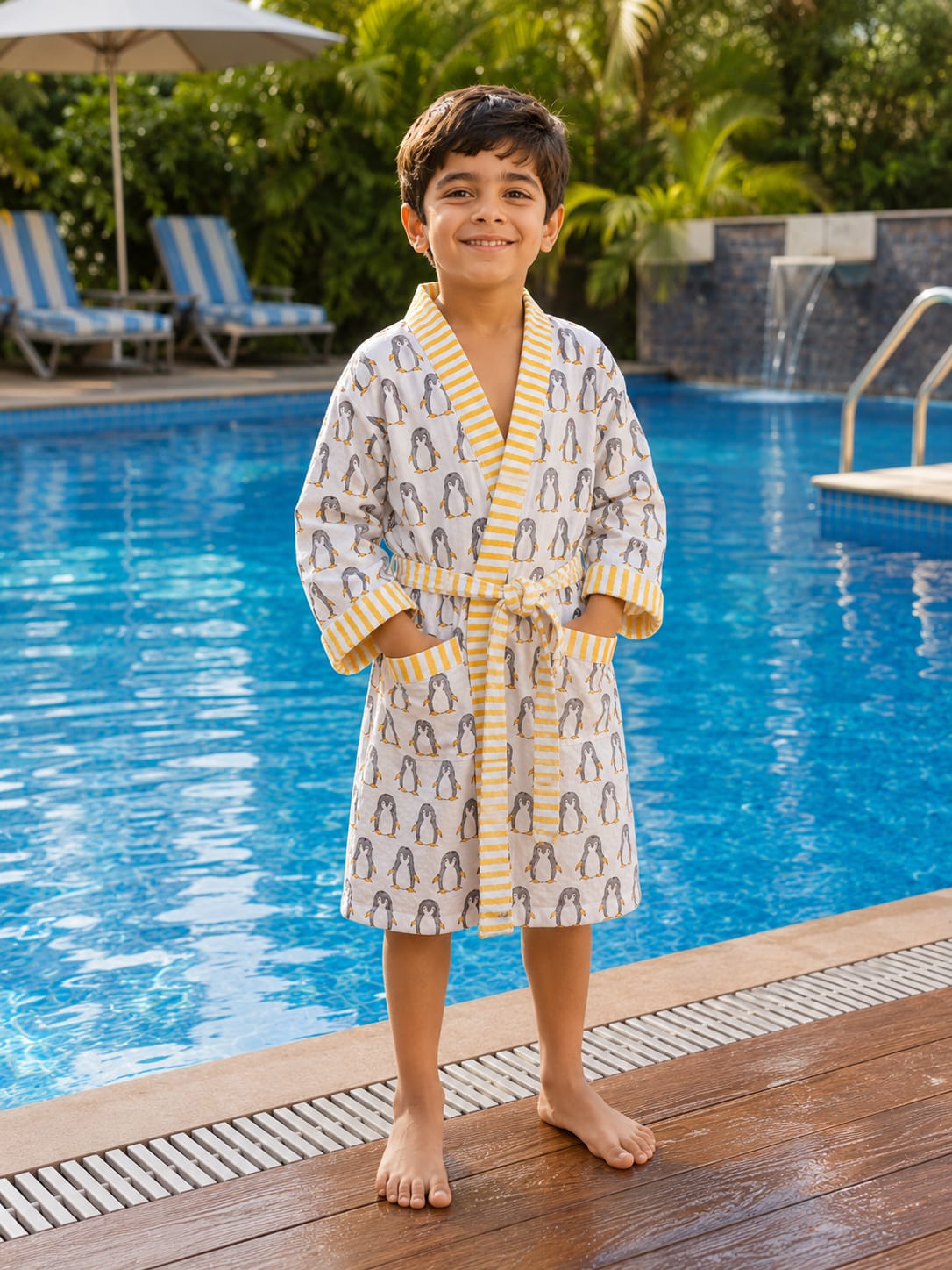 Kids Penguin Print Cotton Waffle Bathrobe