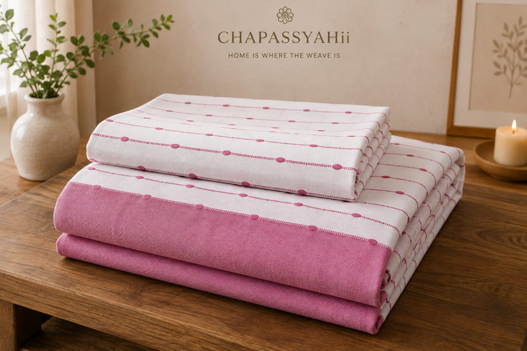White & Pink Dot-Stripe Handloom Bedsheet Set - Bedsheet Set - ChapaSsyahii