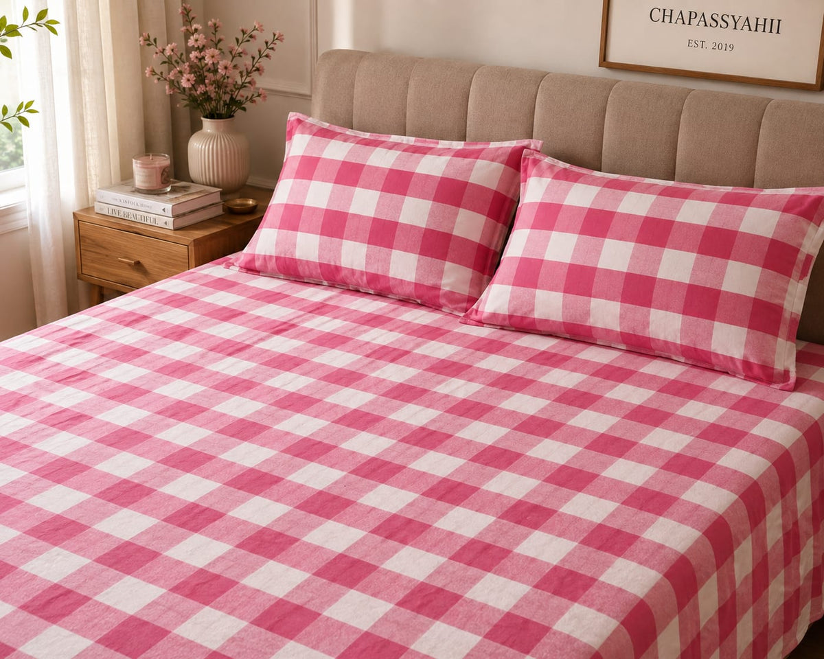 Fuchsia Pink Gingham Check Handloom Bedsheet Set - Bedsheet Set - ChapaSsyahii