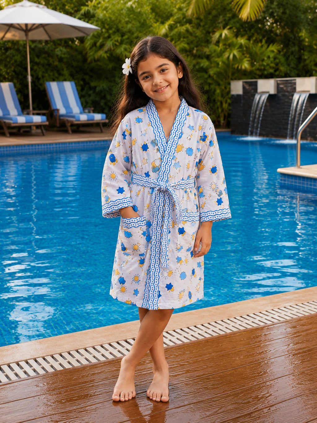 Kids Sunshine Sky Print Cotton Waffle Bathrobe