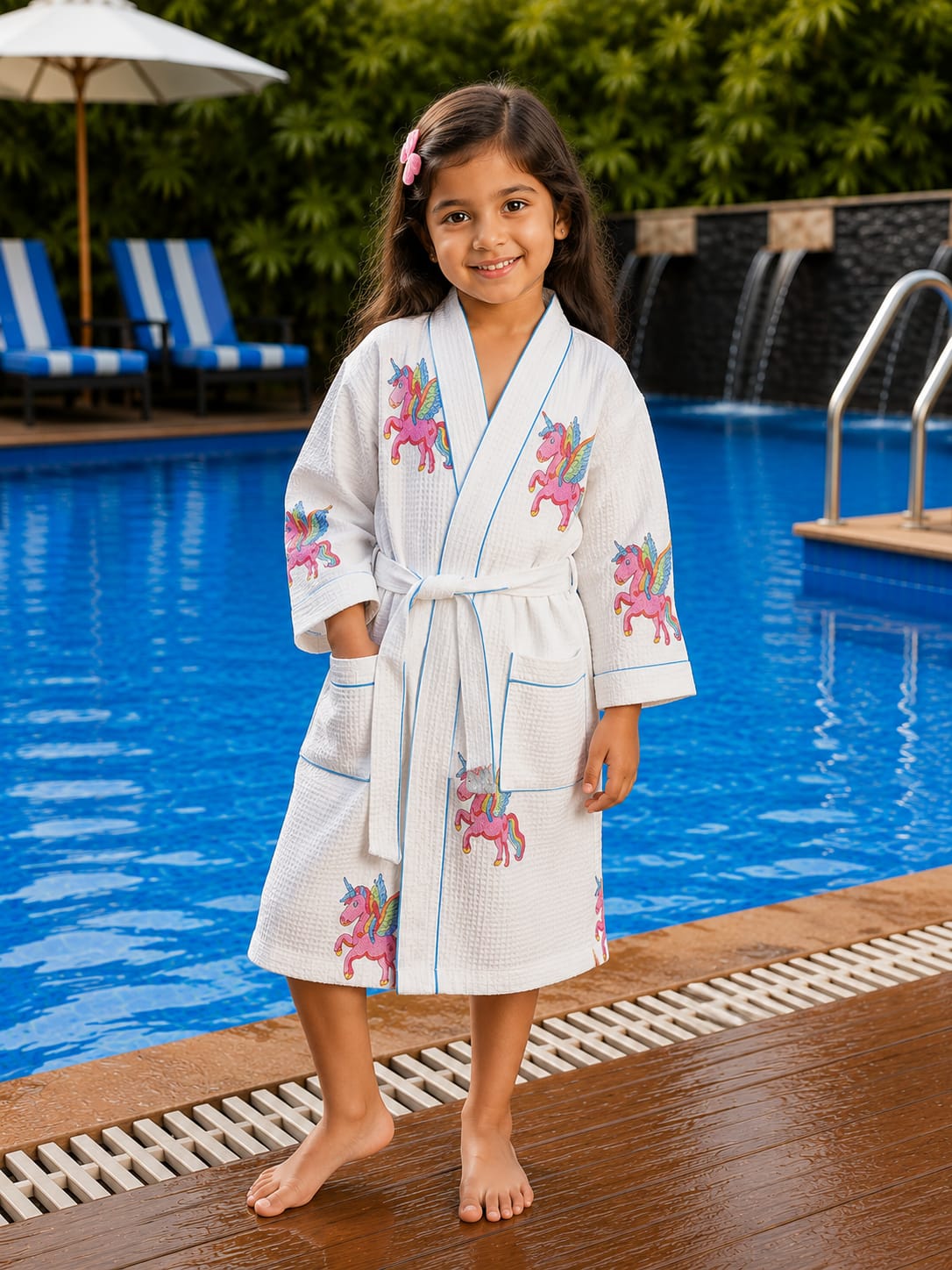 Kids Unicorn Print Cotton Waffle Bathrobe