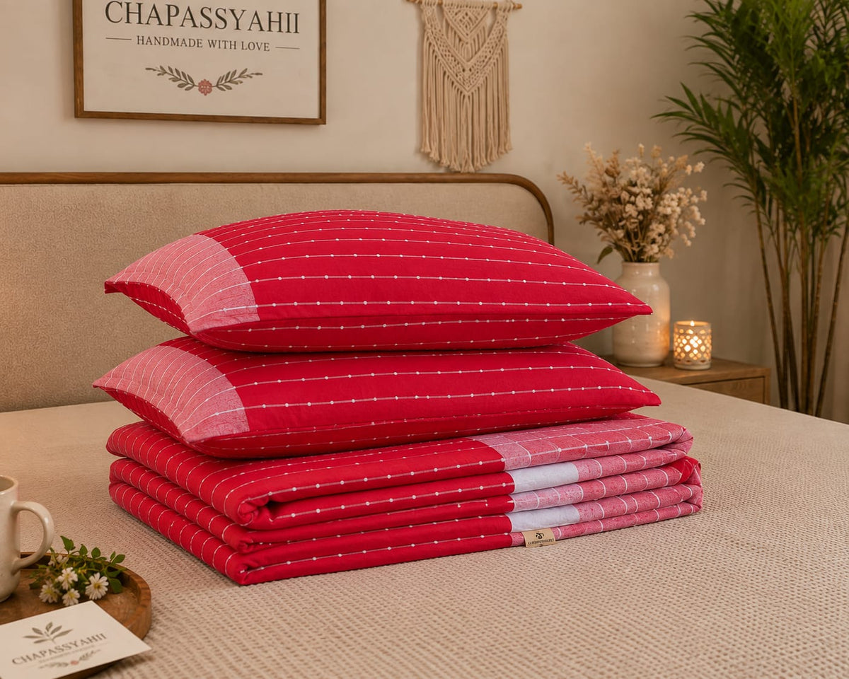 Crimson Red Dot-Stripe Handloom Bedsheet Set - Bedsheet Set - ChapaSsyahii