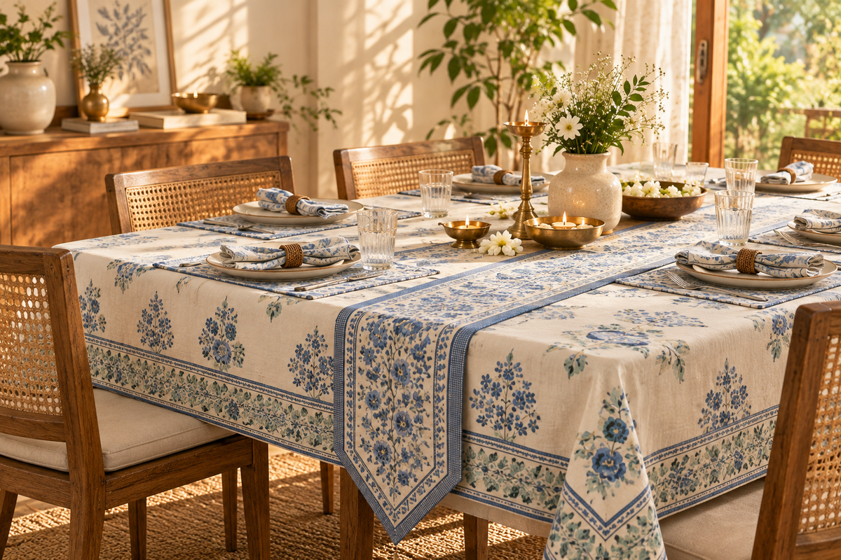 Festive Diwali dining table with handblock printed table cover, runner and diyas
