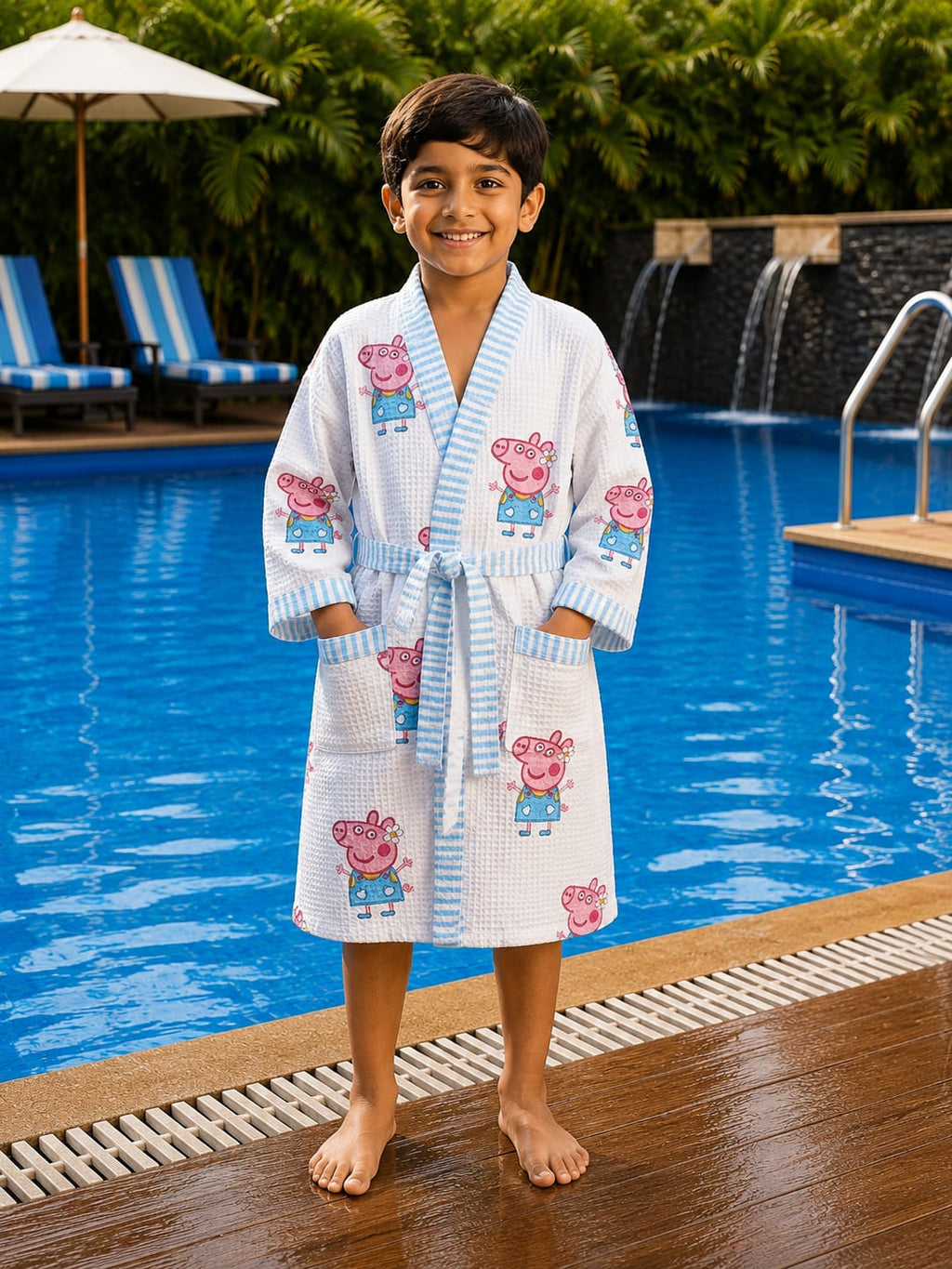 Kids Pink Piggy Cotton Waffle Bathrobe
