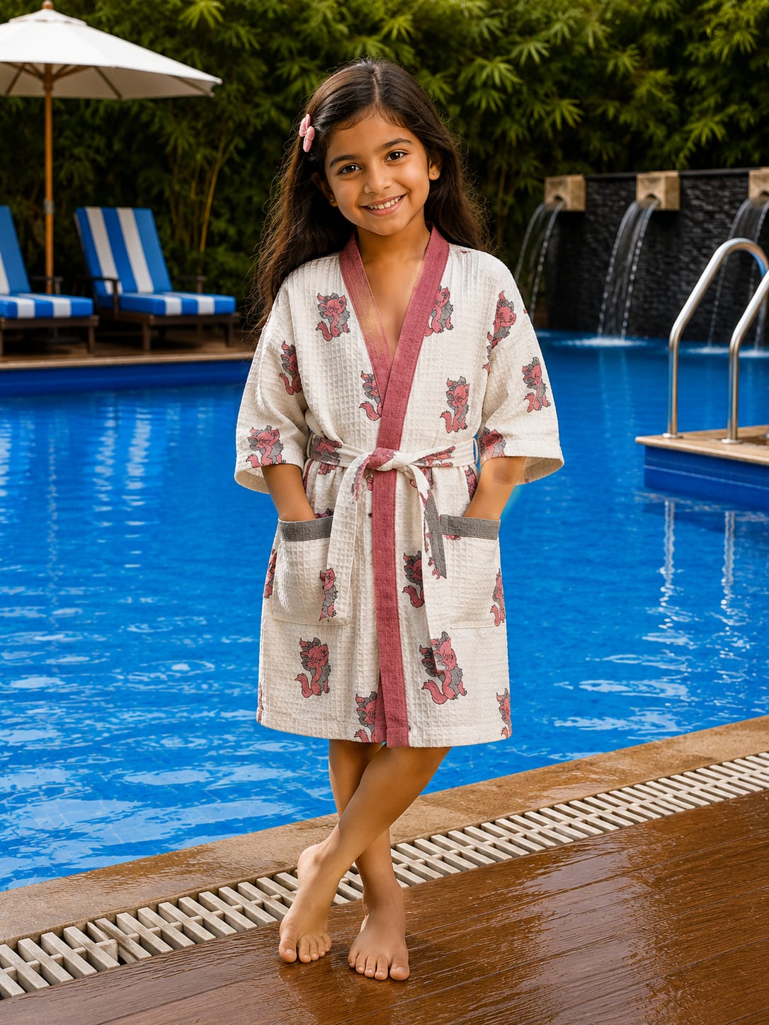 Kids Pink Dragon Cotton Waffle Bathrobe