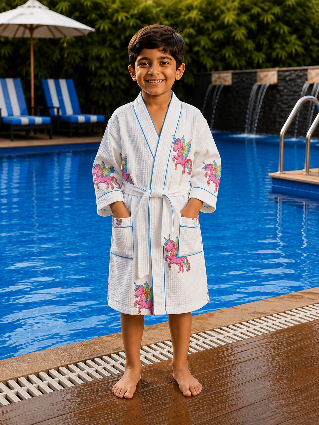 Kids Unicorn Print Cotton Waffle Bathrobe
