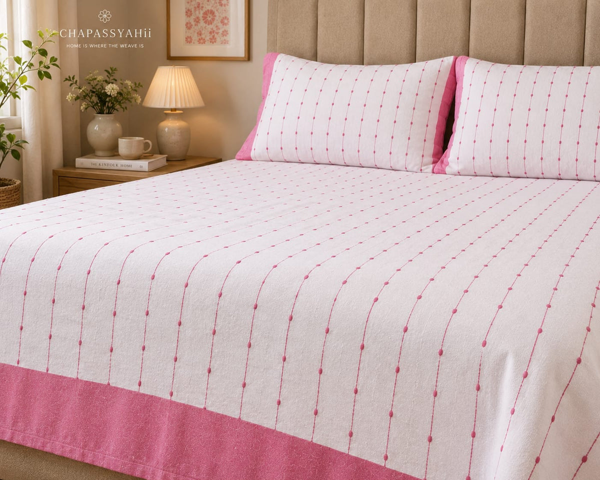 White & Pink Dot-Stripe Handloom Bedsheet Set - Bedsheet Set - ChapaSsyahii