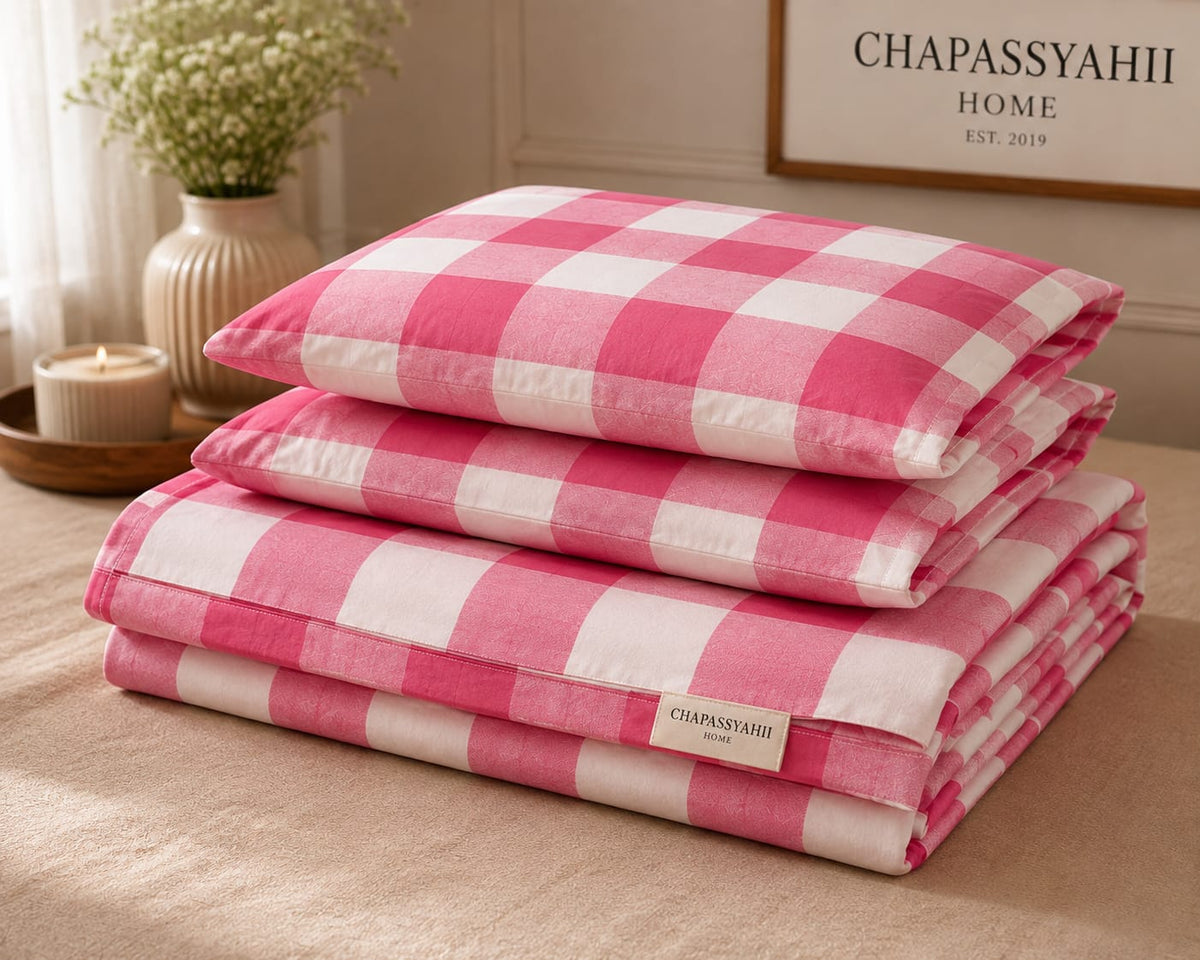 Fuchsia Pink Gingham Check Handloom Bedsheet Set - Bedsheet Set - ChapaSsyahii