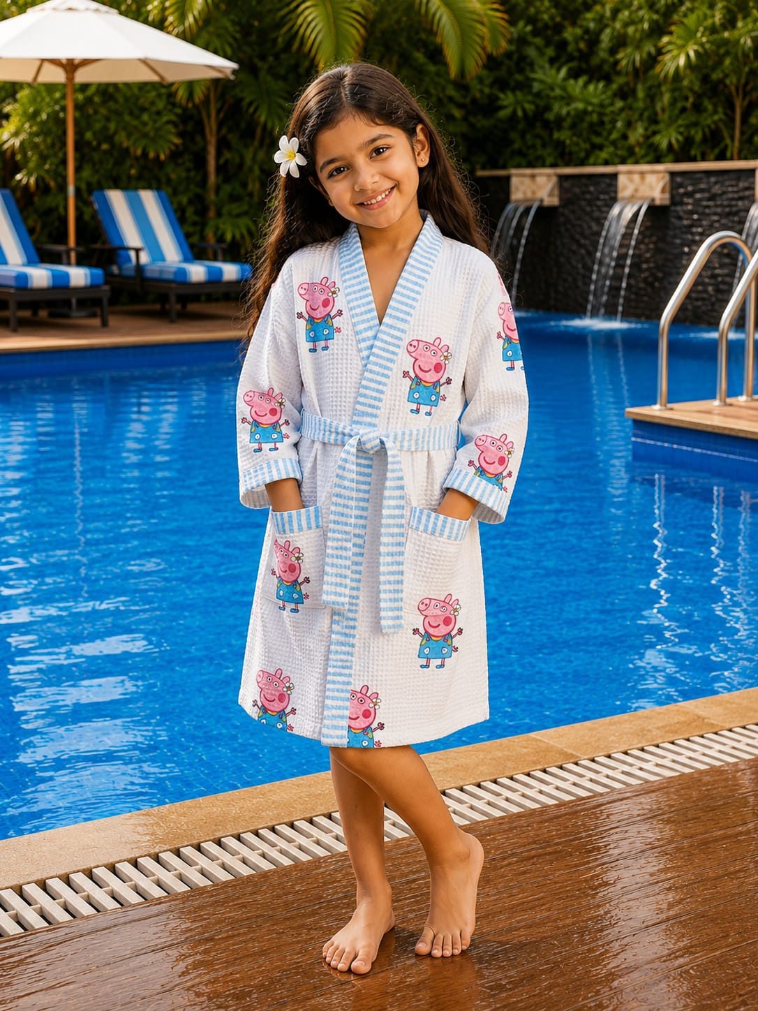 Kids Pink Piggy Cotton Waffle Bathrobe