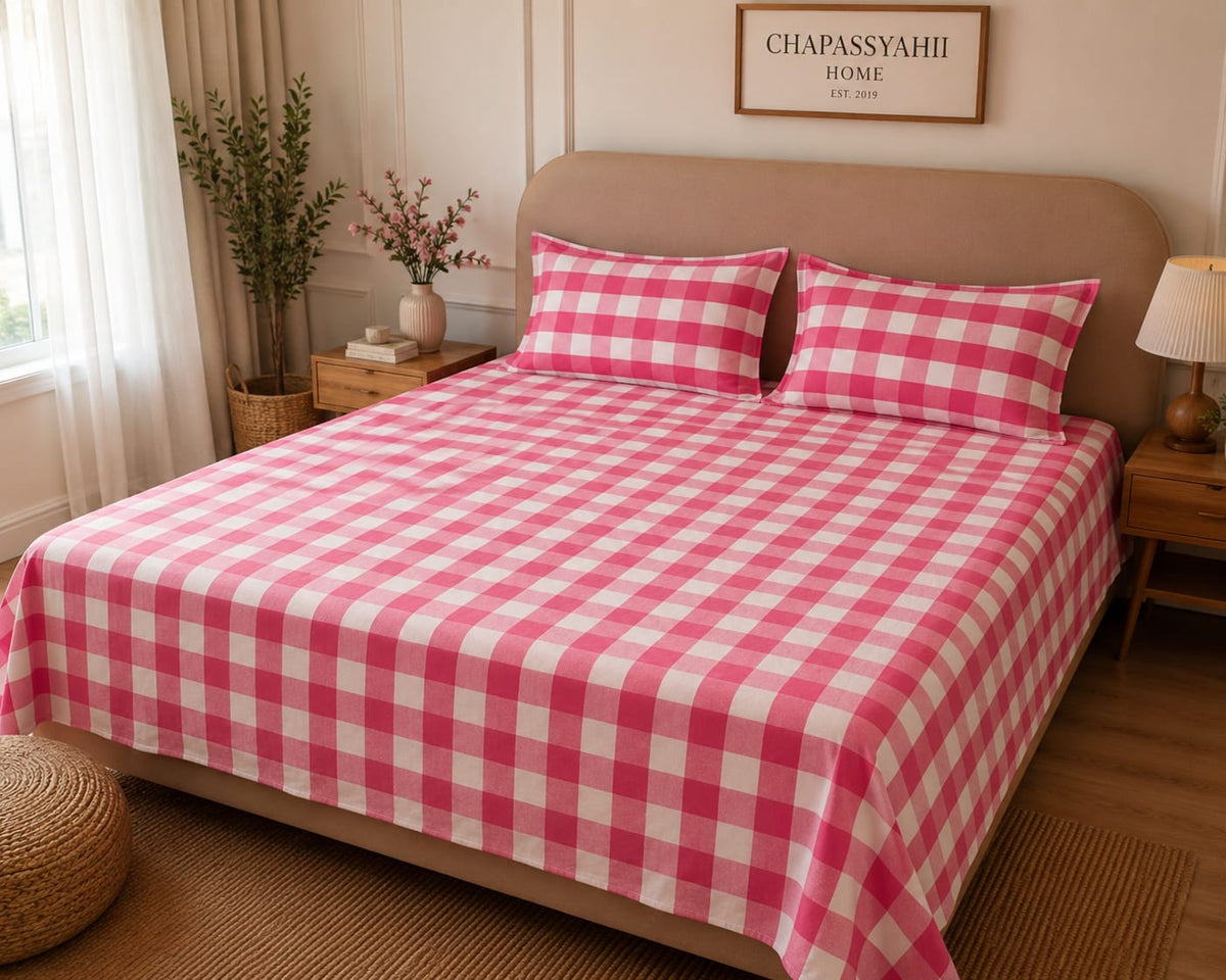 Fuchsia Pink Gingham Check Handloom Bedsheet Set - Bedsheet Set - ChapaSsyahii