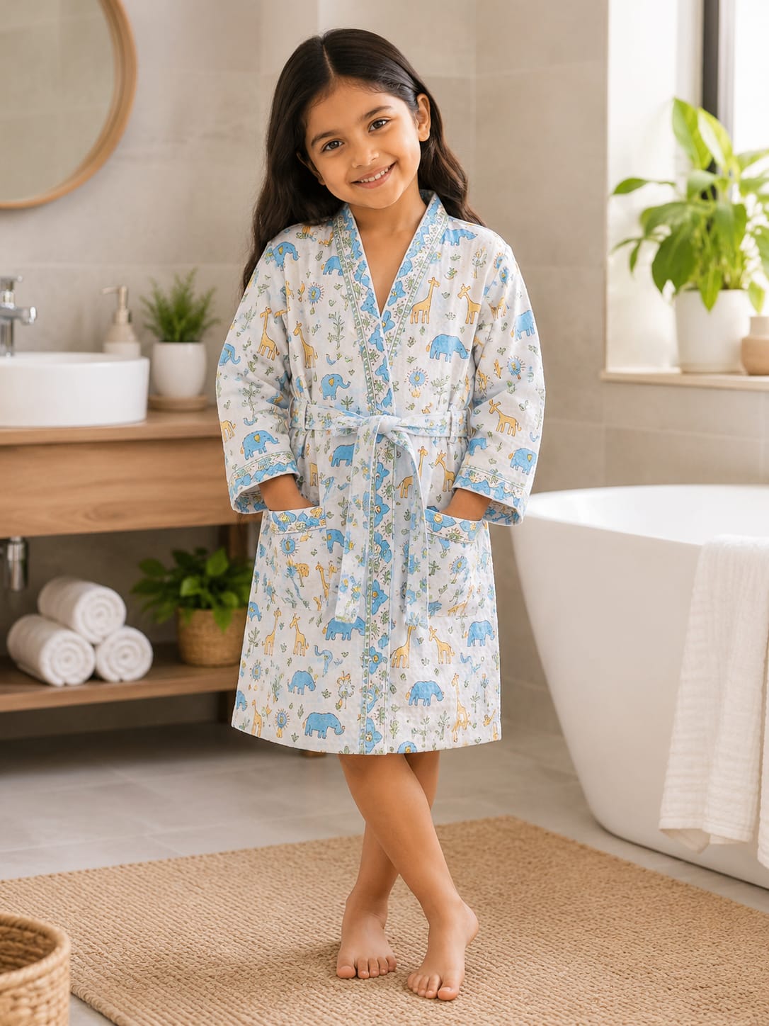Kids Safari Explorer Cotton Waffle Bathrobe (Blue)