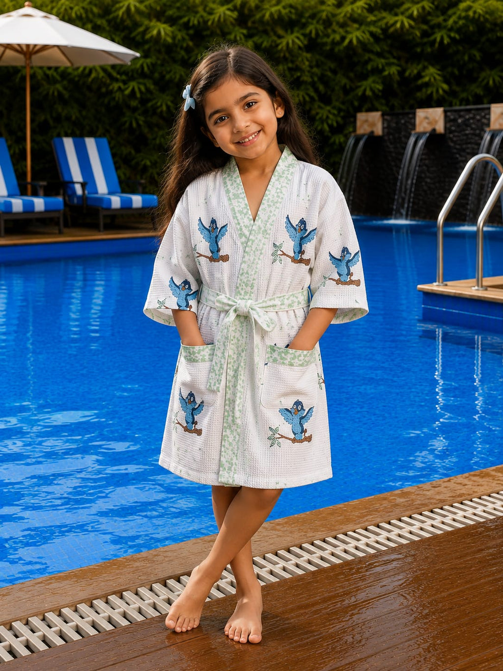 Kids Blue Bird Cotton Waffle Bathrobe