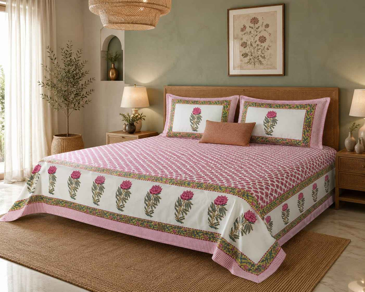 Rose Garden Bloom – Soft White, Blush Pink & Olive Green - Bedsheets - ChapaSsyahii