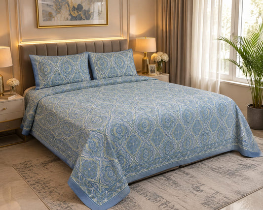 Royal Blue Ornamental Cotton King Size Bedsheet – Handblock Inspired Print | Premium Bedding - Bedsheet Set - ChapaSsyahii