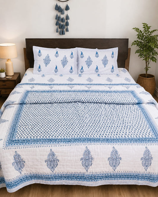 Royal Paisley Blue Pure Handblock Quilt & Bedsheet Combo – 108×108 | One Piece Luxury Set - Luxury Quilt & Bedsheet Combo - ChapaSsyahii